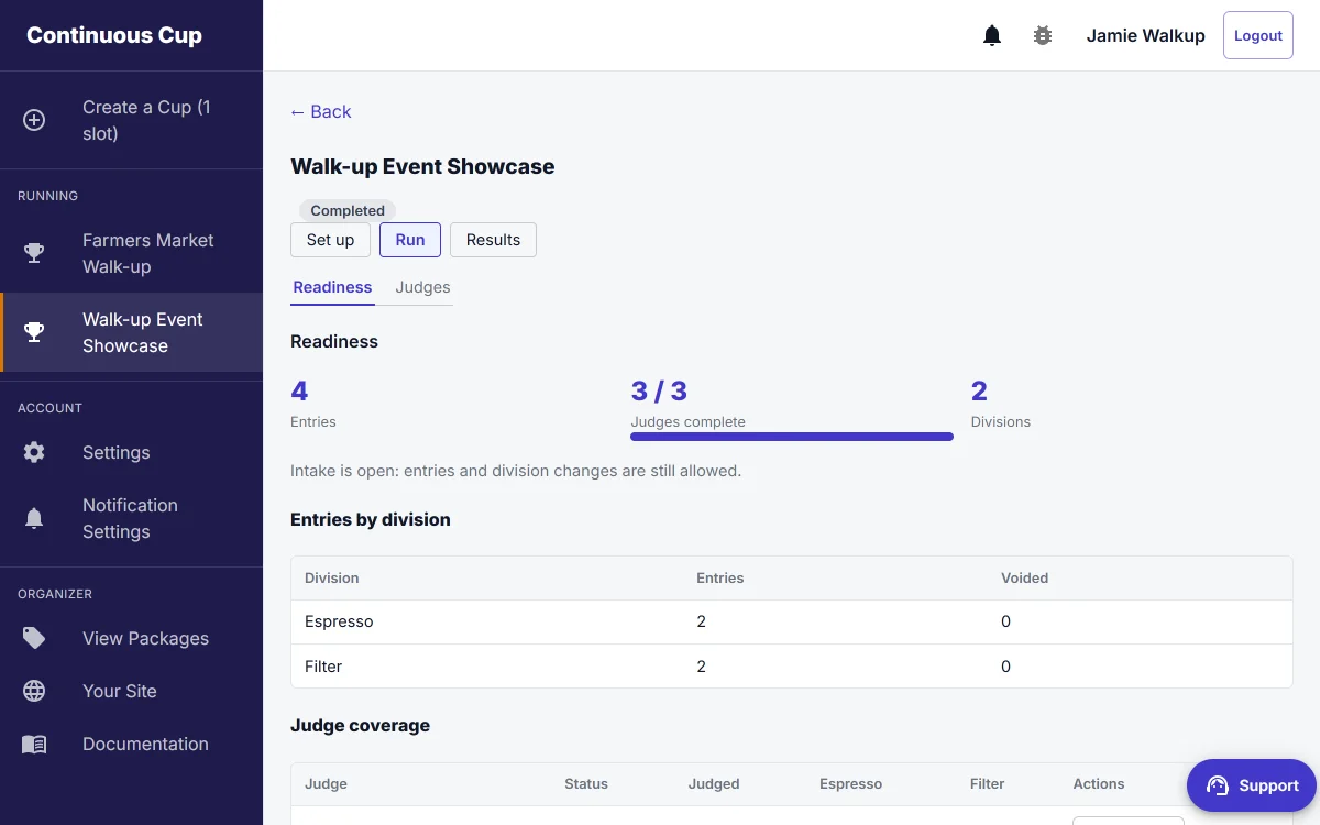 Walk-up event readiness screen with entries by division and judge coverage